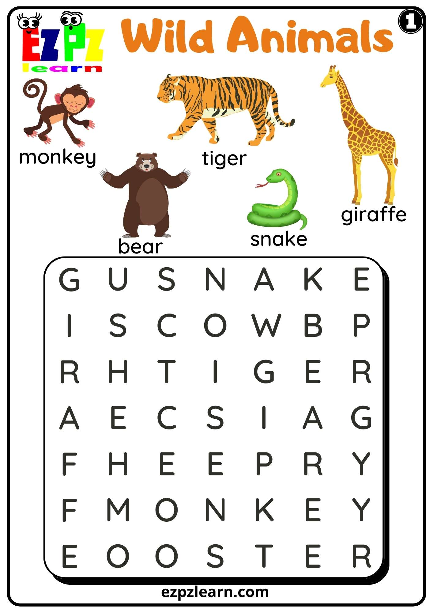 Wild Animals Word Search Set 1 For kids and ESL PDF Download